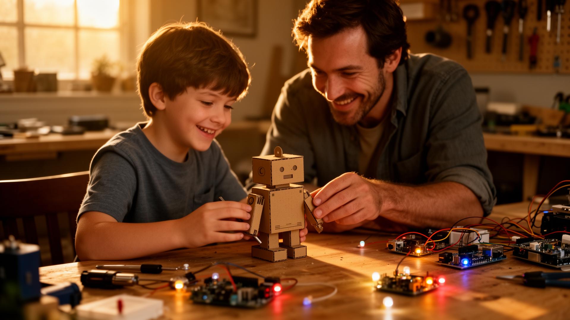 Pai e filho construindo um robô em casa